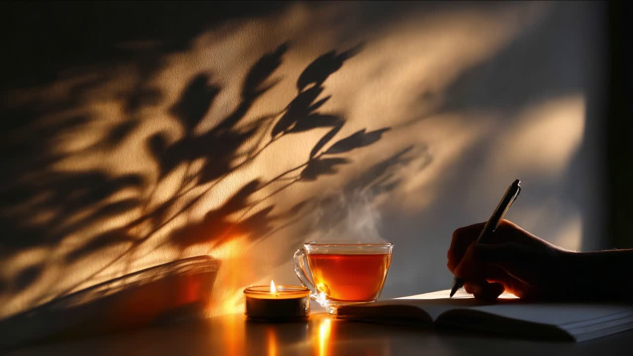 Quiet Moments of Reflection: A Cozy Table with a Cup of Tea, Candles, and Soft Shadows Creating a Peaceful Atmosphere for Relaxation and Creativity