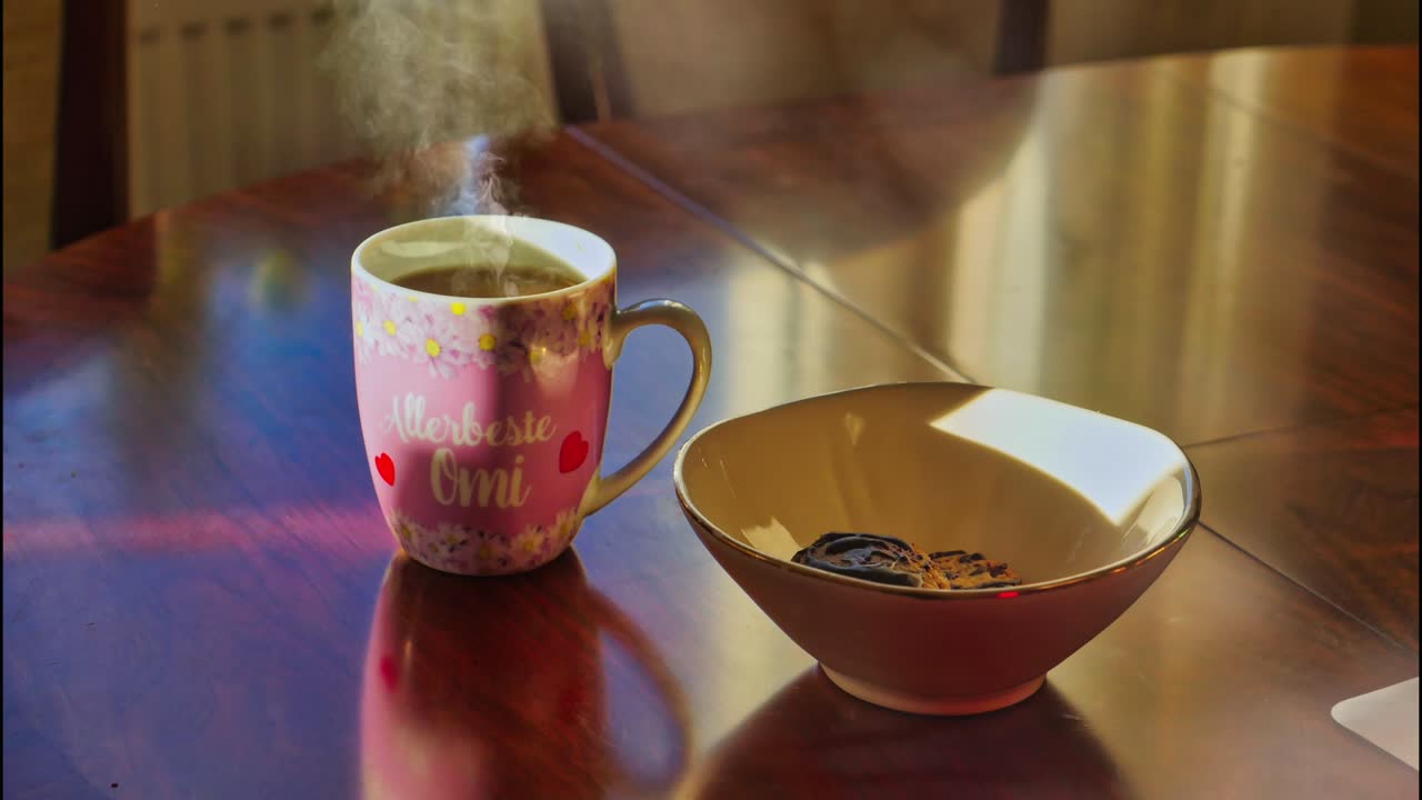 taza de café y galletas al vapor en el tazón