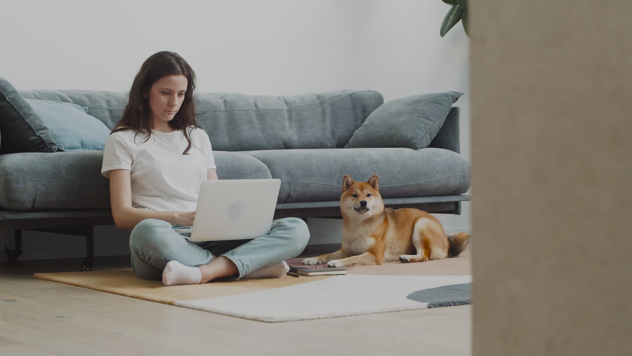 Beautiful Young Female Pets Her Cute Dog While Working On Her Laptop At Home