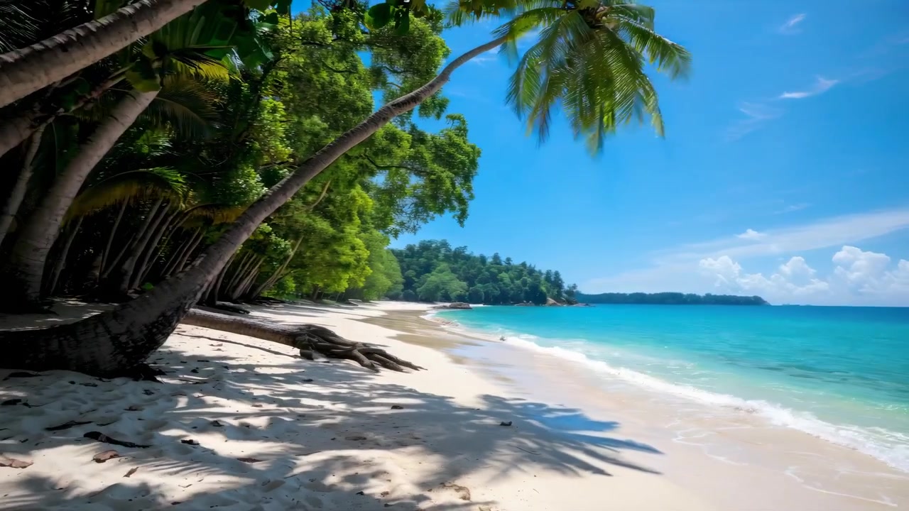Praia tropical com palmeiras e água turquesa
