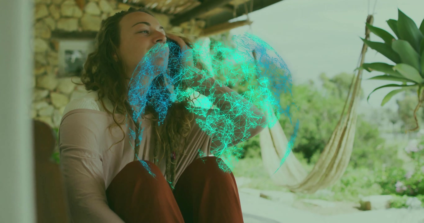 Woman resting head on hand initiating network globe forming on porch showing technology connection
