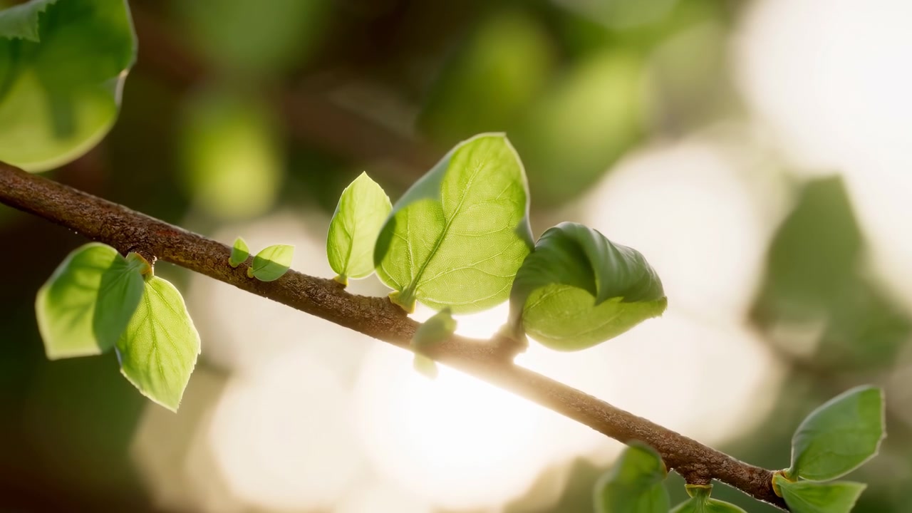Closeup Branch With Fresh Buds Backlit Soft Golden Sunlight Creamy Bokeh Background Delicate Young Leaves