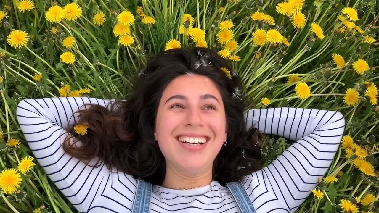 Sarı çiçeklerle dolu bir tarlada yatan, gözleri kapalı, gülümseyen bir kadının yukarıdan aşağıya video çekimi
