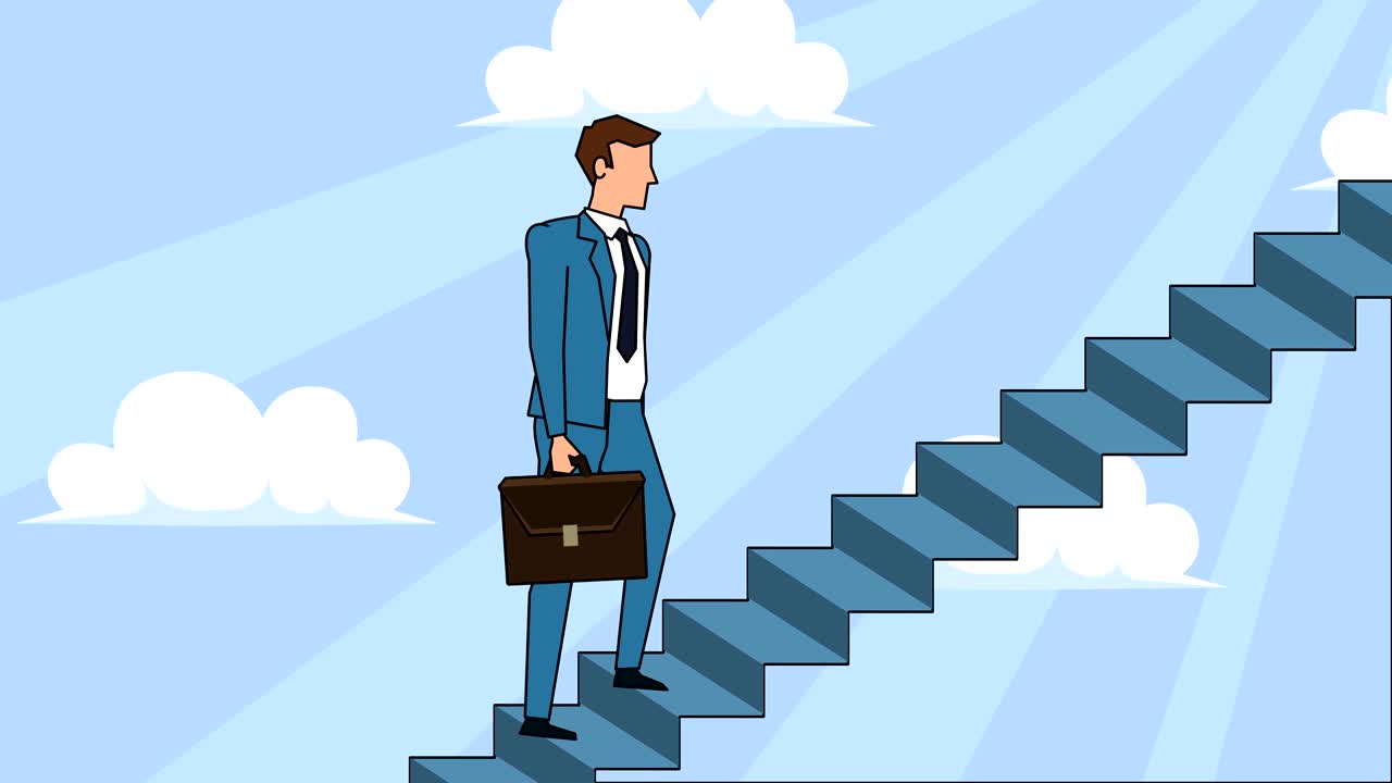 personaje de dibujos animados hombre de negocios plano con bolsa de caso sube las escaleras de la carrera animación