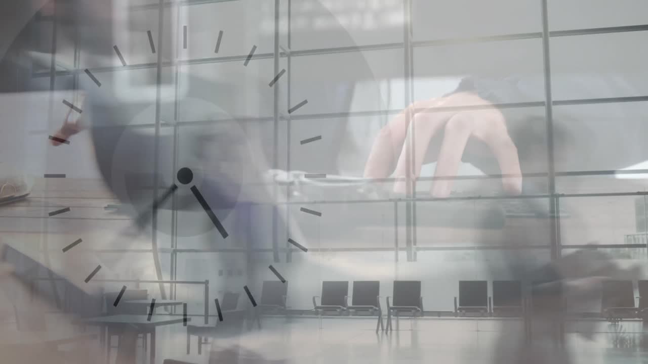 animación de la mano de un hombre caucásico usando una computadora sobre el reloj moviéndose