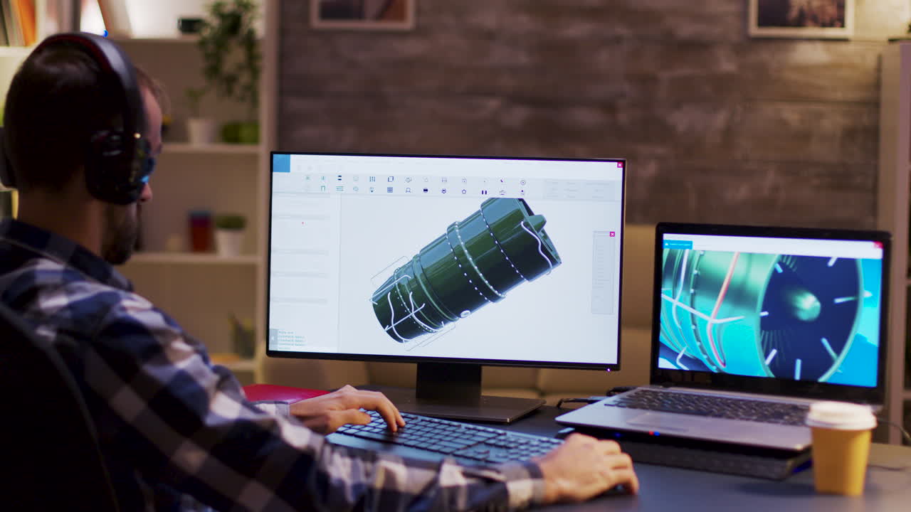 Man working on 3D design of mechanical turbine