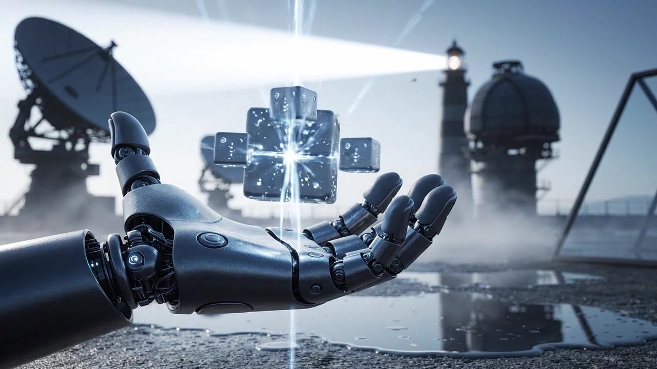 A futuristic robotic hand holding an AI cube in a high-tech environment featuring satellite dishes and advanced technology, illuminating the interconnection of AI and robotics.