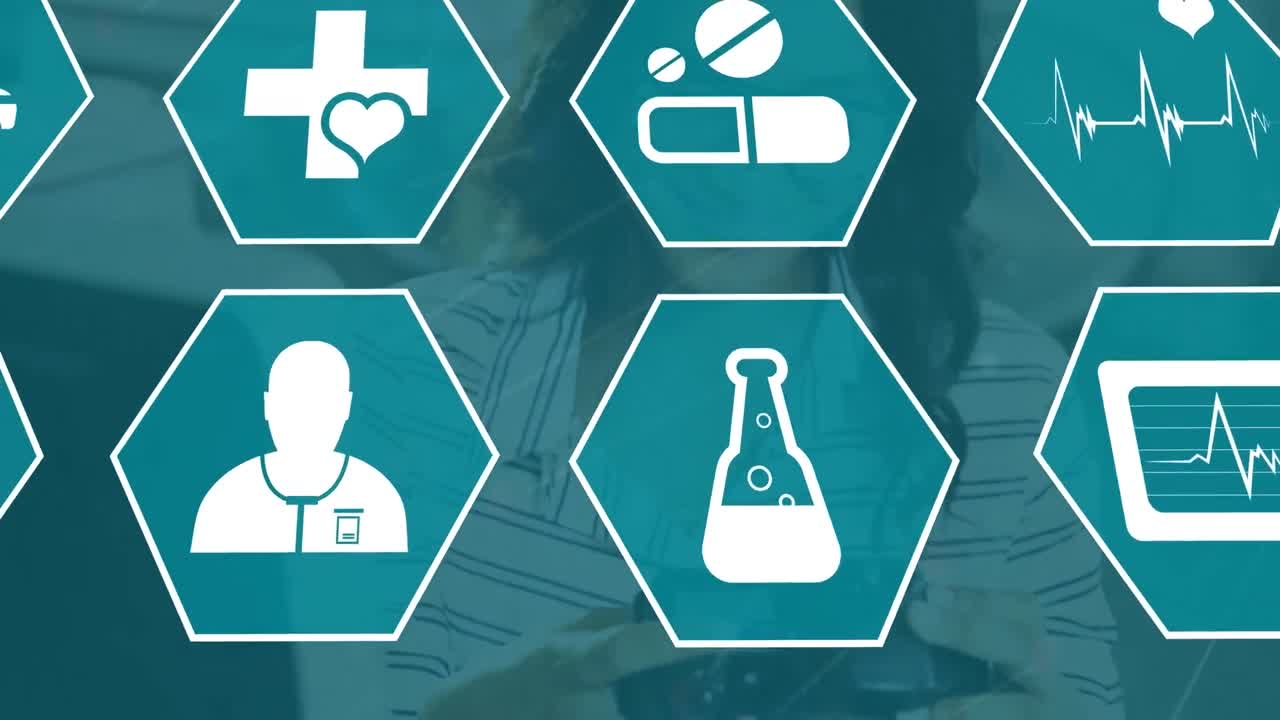 백인 여성 위에 의료 아이콘의 애니메이션