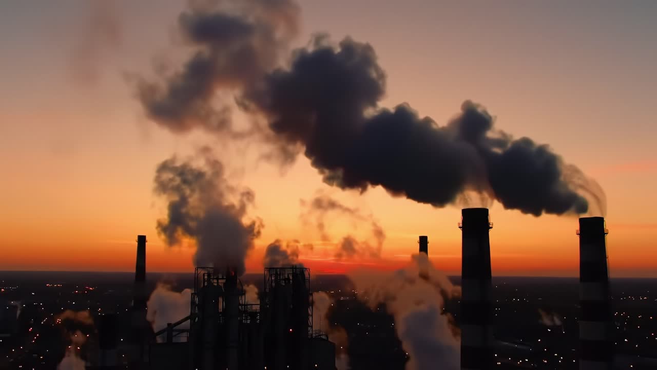 Silhouetted Industrial Skyline at Sunset with Emissions from Chimneys Highlighting Pollution Concerns and Environmental Impact on Urban Landscapes