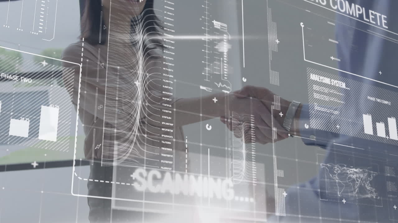 Animation of statistics and data processing over businessman handshake