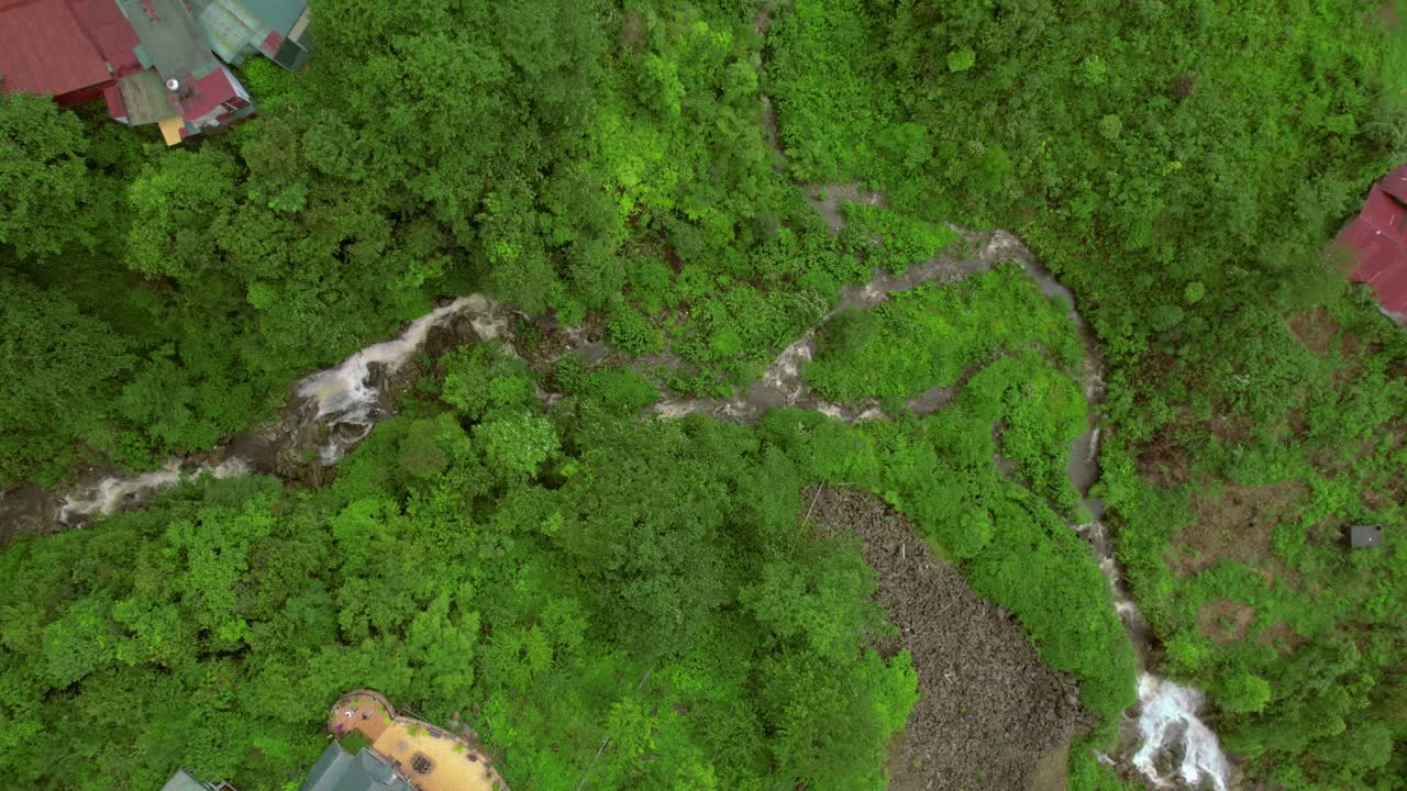 aerial de un bosque verde con un arroyo sinuoso que corta a través del denso follaje en sapa, vietnam