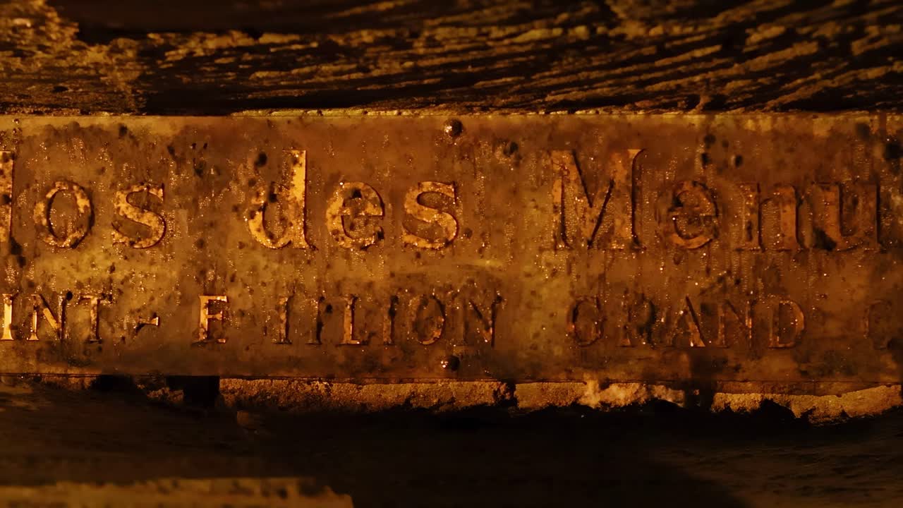 Close-up of a weathered wine cellar sign with rustic textures and dim lighting.
