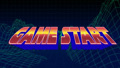 animación del texto de inicio del juego en letras rojas y azules sobre el fondo del metaverso