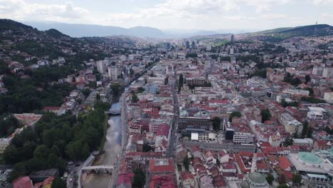 Aerial:-Sarajevo,-Bosnia-and-Herzegovina,-with-river,-mosque,-and-cityscape