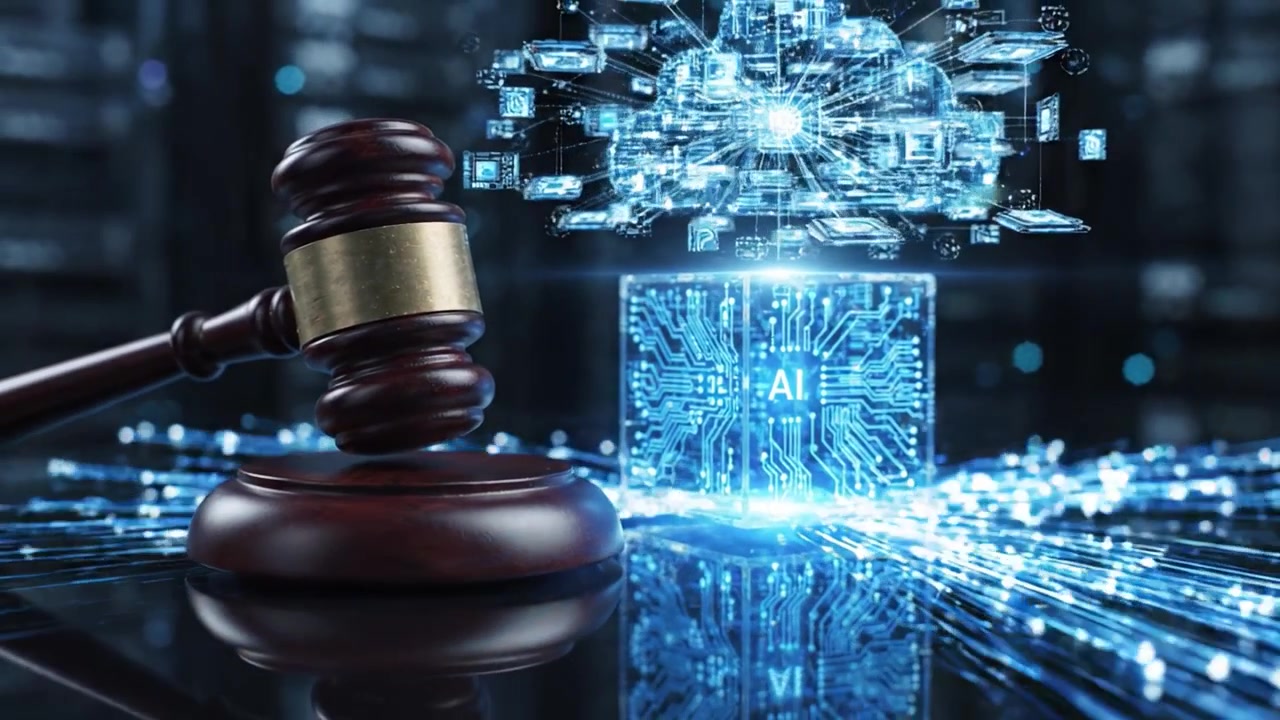 Exploring the Intersection of Law and Technology: A Gavel and AI Crystal Cube Amidst a Data-Driven Cloud Environment for Justice and Innovation