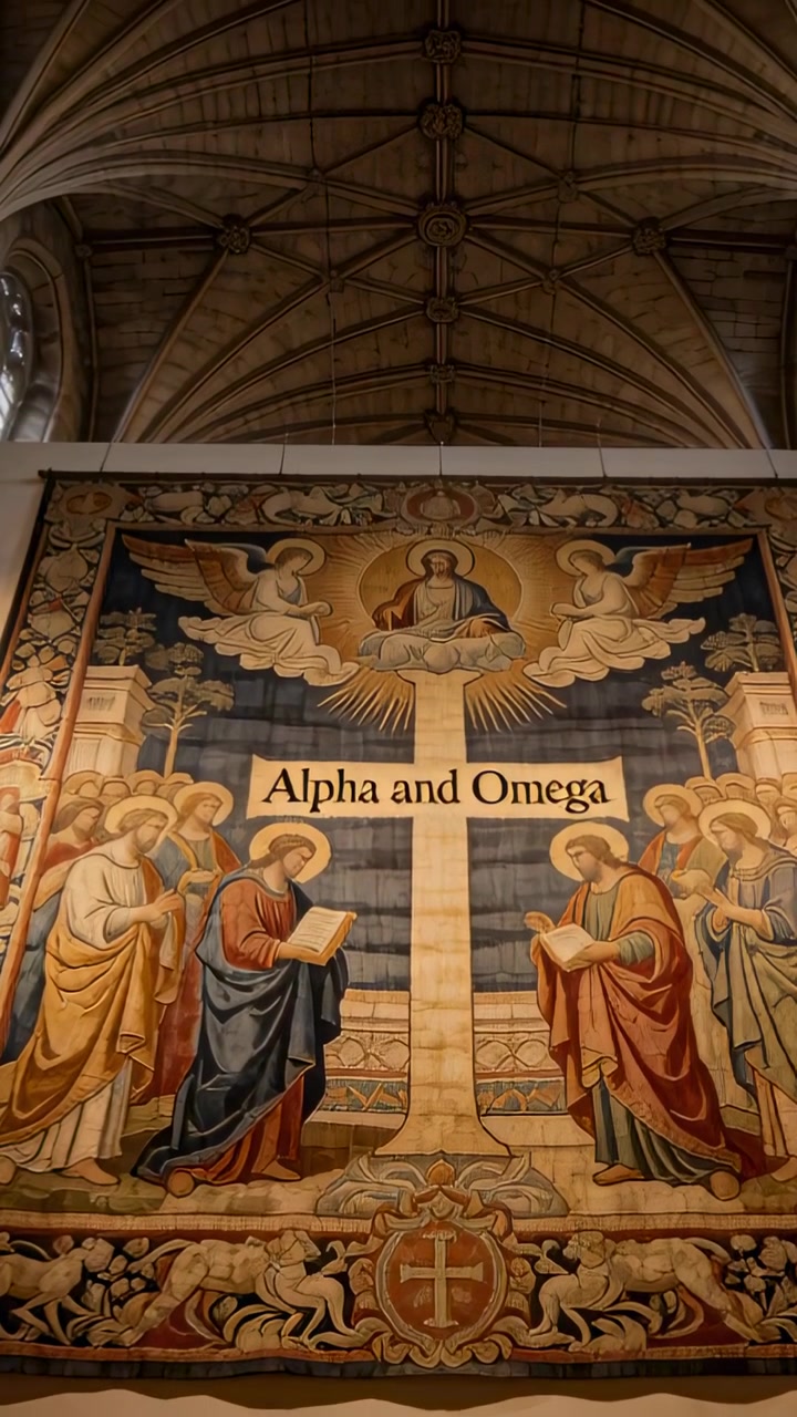 Vertical video: Starting camera panning upward in church nave, revealing Alpha and Omega tapestry