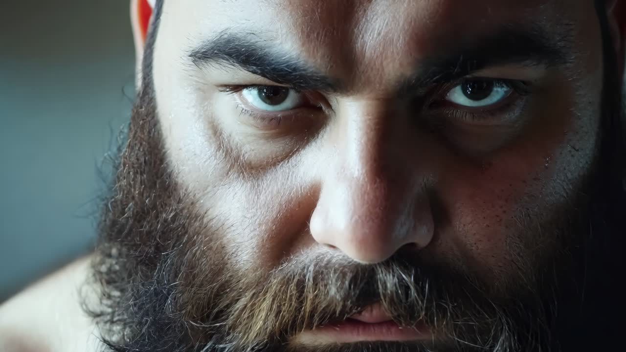 un hombre con una larga barba y sin camisa está mirando fijamente a la cámara