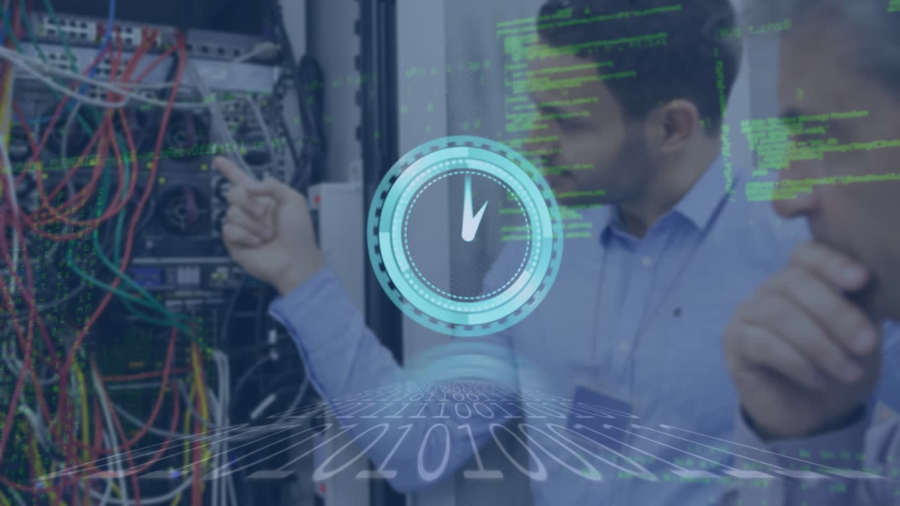 animación de procesamiento de datos y reloj móvil sobre hombres biraciales en la sala de servidores