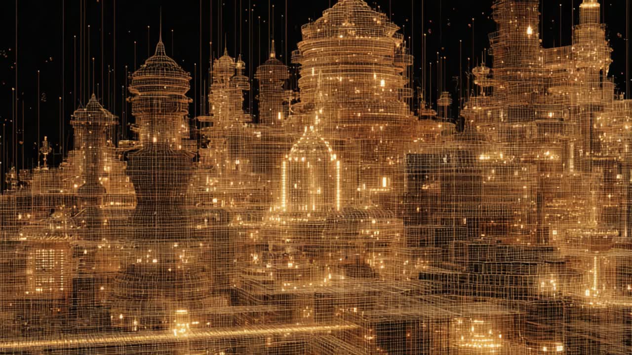 A Mesmerizing Golden Cityscape: A Futuristic Visualization of a Dense Urban Environment with Glimmering Architectural Structures and Intricate Design Patterns