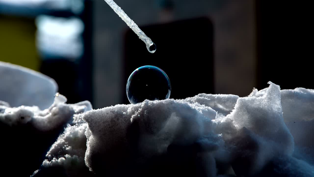 soplando lentamente en una pajita para hacer una gran burbuja