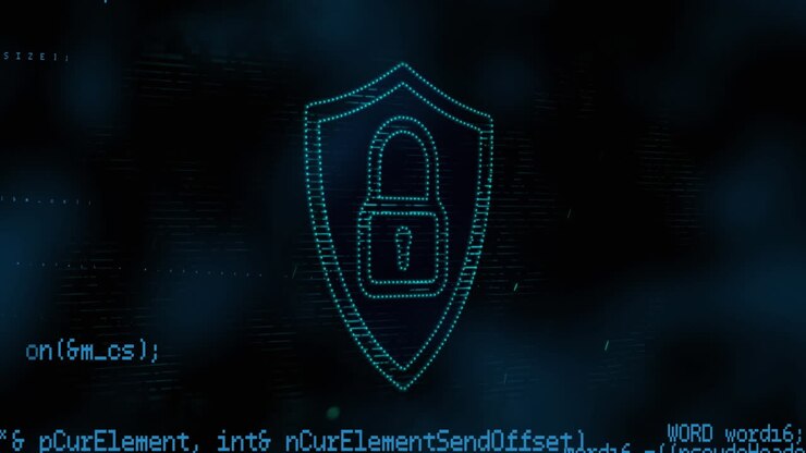 Security padlock icon and data processing against blue background
