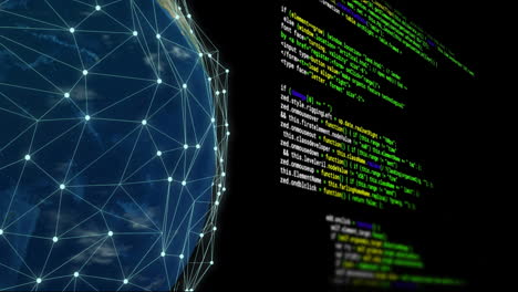 Animation of digital data processing and globe with connections over black background
