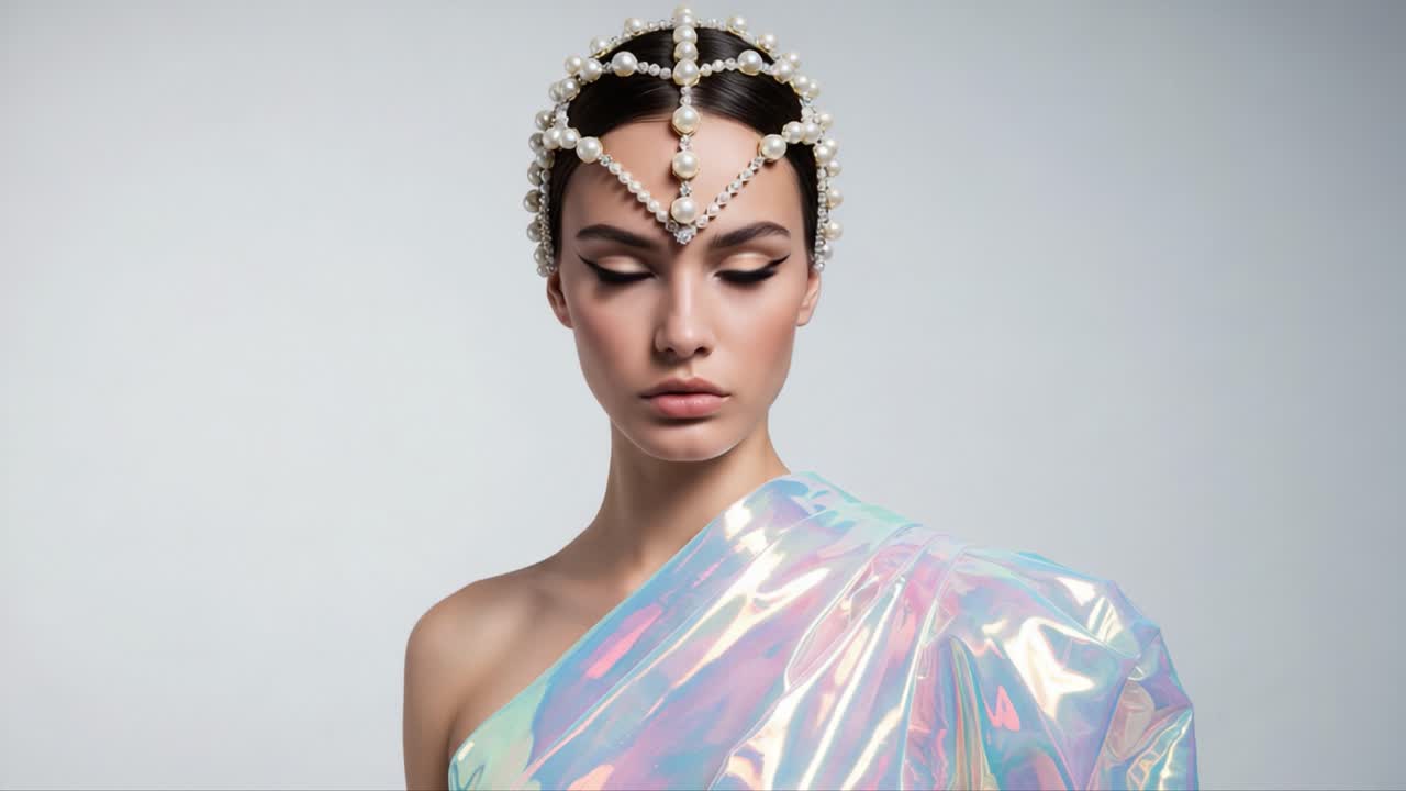 Captivating Fashion Ensemble Showcasing Iridescent Fabric and Dramatic Accessories, Highlighting Elegant Beauty in a Mystical Setting