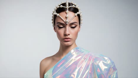 captivating fashion ensemble showcasing iridescent fabric and dramatic accessories, highlighting elegant beauty in a mystical setting