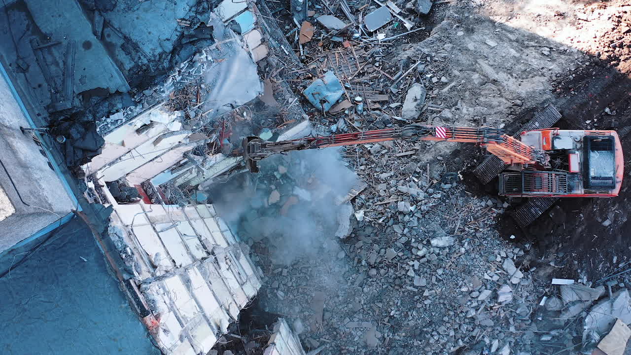 Outdoor ruined construction. Drone view destroyed nature collapse.