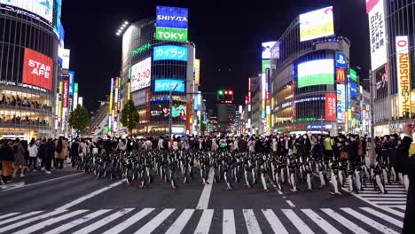 penguins parade in shibuya crossing, tokyo at night