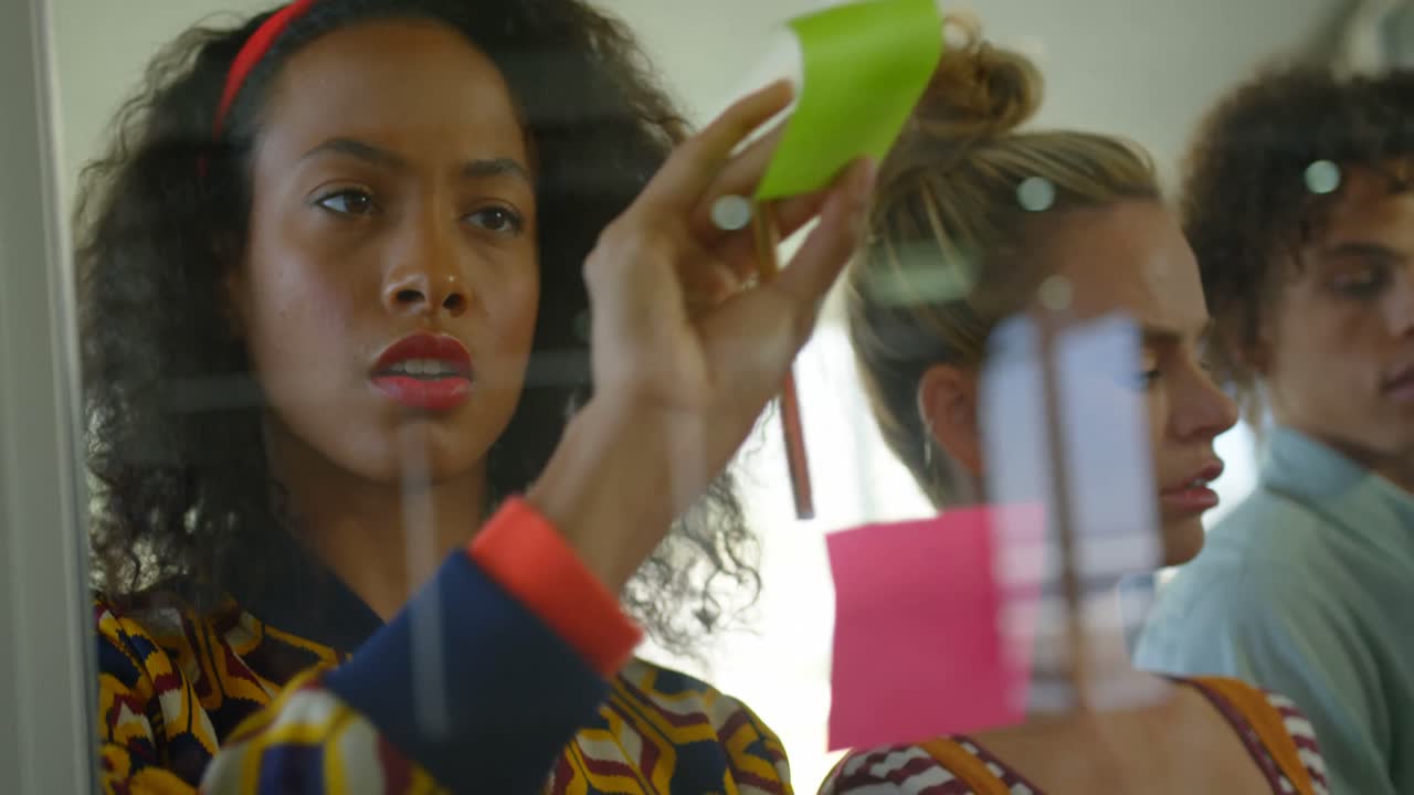 Front view of young African American female executive working on sticky notes in modern office 4k