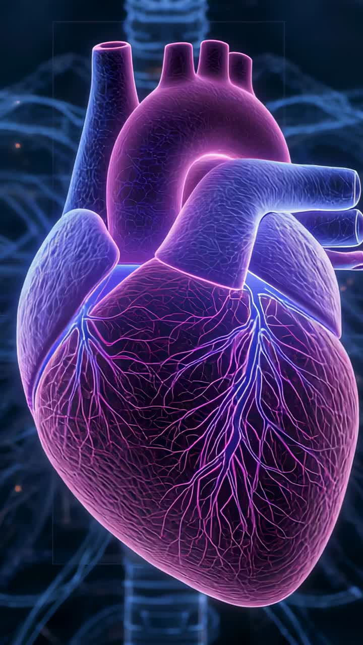 Video verticale: Riproduzione di un cuore 3D che pulsa, si inclina, illuminando i vasi coronarici e l'aorta in un laboratorio di anatomia