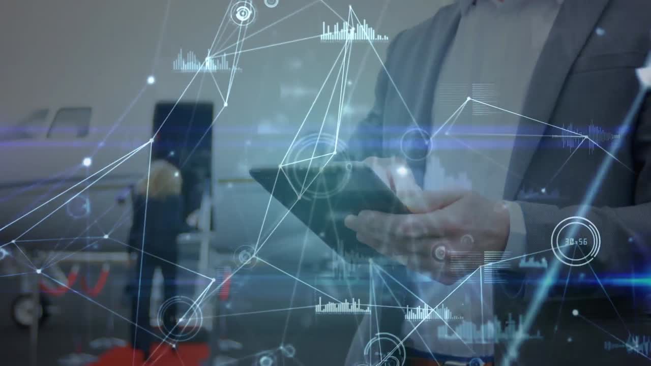 Animation of network of connections over hands of caucasian businessman with tablet on airport
