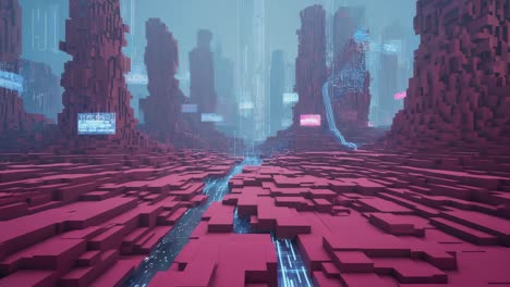 futuristic cyberpunk cityscape in voxel art style