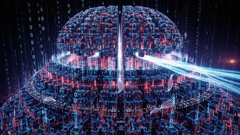 a futuristic digital structure representing advanced technology with code sequences and energy streams, symbolizing the intersection of data and innovation