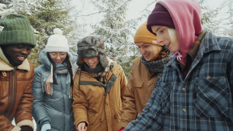 young friends preparing marshmallows of fire in winter forest