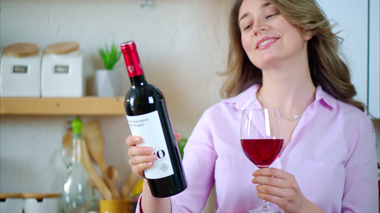 Woman holding a glass and a bottle of red wine in the kitchen