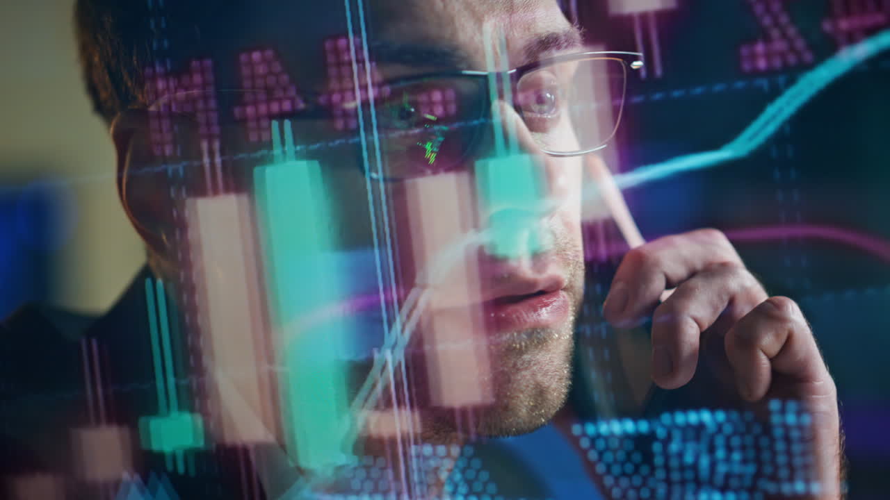 Successful economist talking cell phone in data holographic reflection closeup.