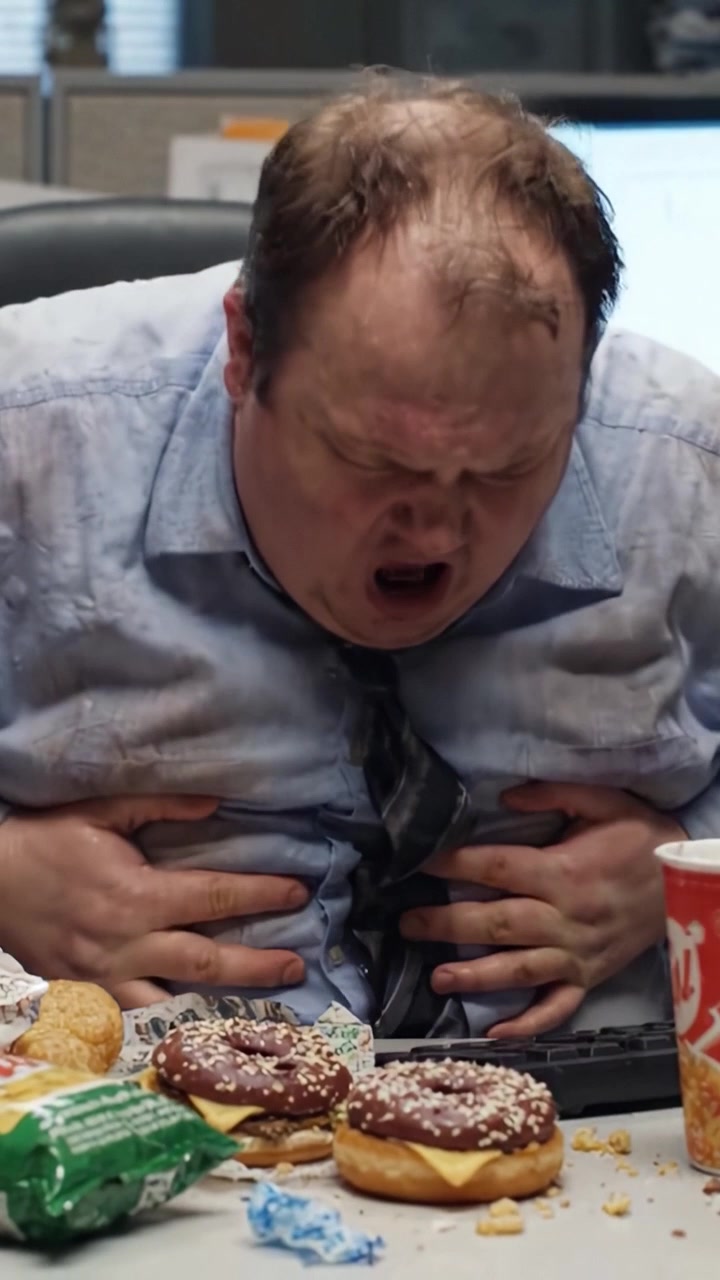 Un commento umoristico sull'eccesso di cibo: La delizia di un uomo si trasforma in angoscia mentre si concede quantità eccessive di fast food e affronta le conseguenze.