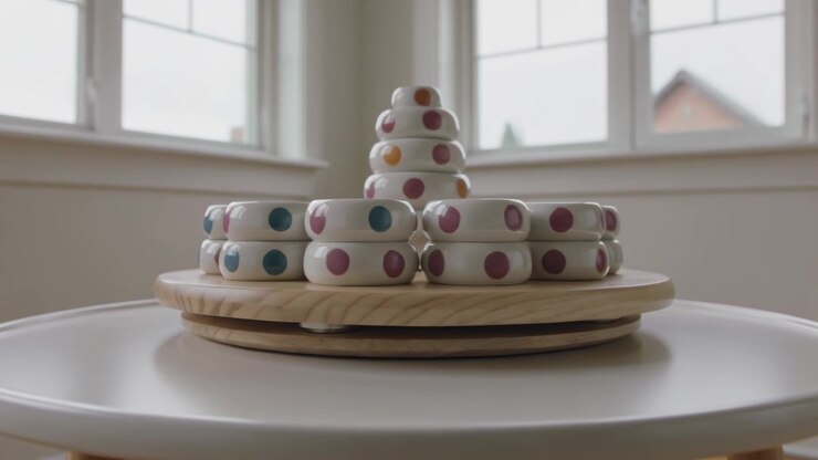 Starting turntable rotating stacked white ring pieces on white tabletop at home, showing polka dots