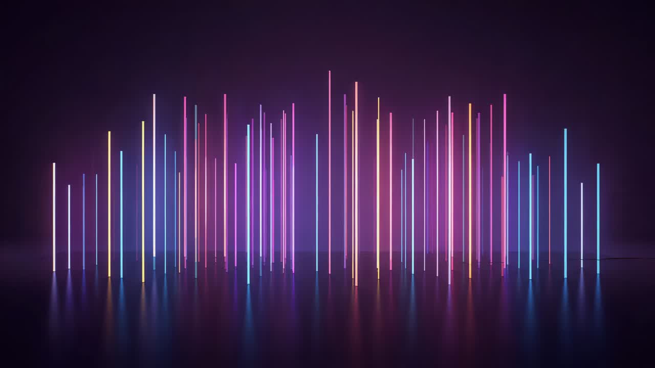 Playback starting, centered vertical neon rods surging, shaping waveform on glossy floor with haze