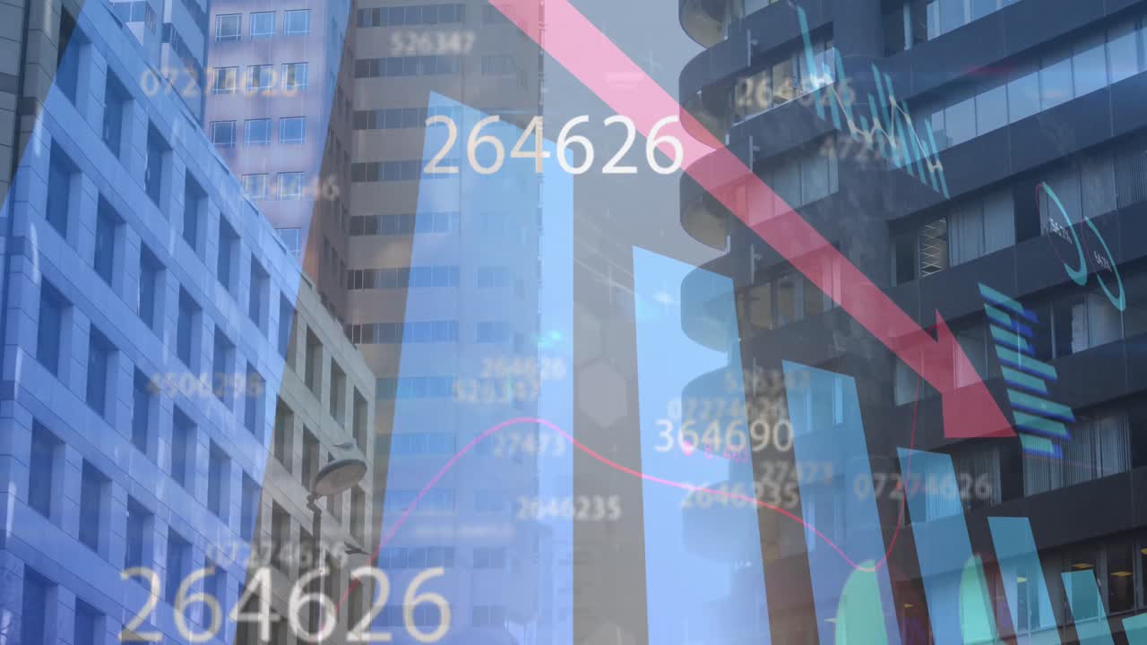 하늘에 대한 건물의 중간 부분에 화살표를 가진 변하는 숫자의 애니메이션 그래프