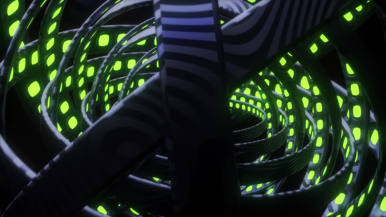 Cyberpunk futuristic gyroscope. Rotating tangled circular mechanism seamless loop