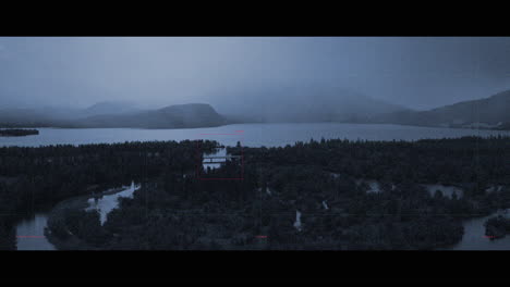 aerial view of lake and bridge at dusk