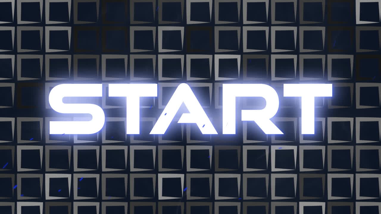 Animation of glowing start text in white over square patterned background