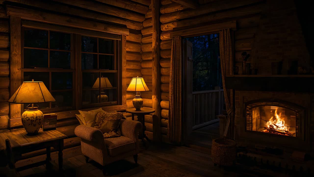 Cámara panorámica de la sala de estar de una cabaña de madera que muestra sillón, lámparas, chimenea, repisa y porche