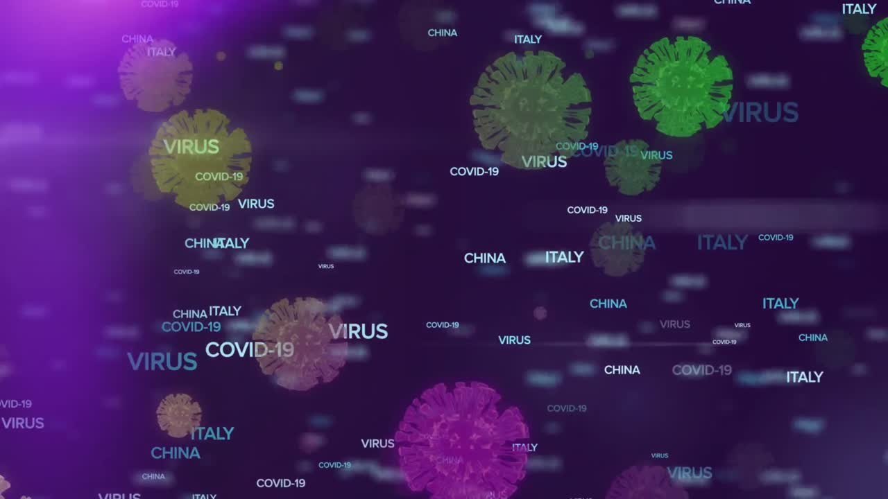 animación de covid 19, texto del virus y nombres de países sobre células de covid 19 en fondo púrpura