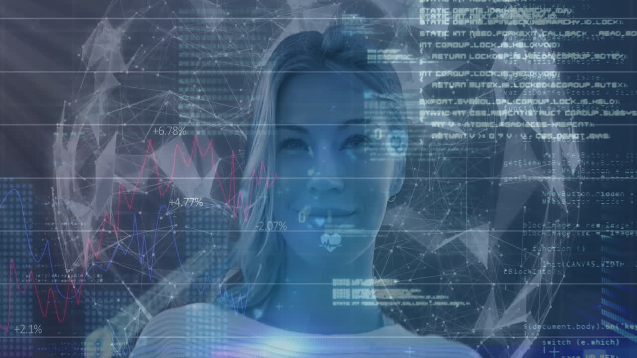 procesamiento de datos sobre el rostro de la mujer contra el mundo de la red de conexiones