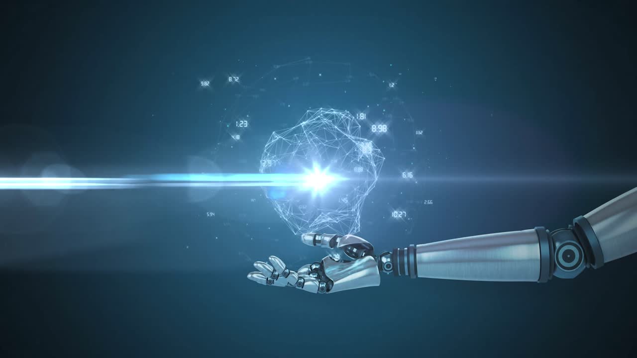 animación de datos de procesamiento de red sobre la mano del brazo del robot, con luz en movimiento sobre fondo oscuro