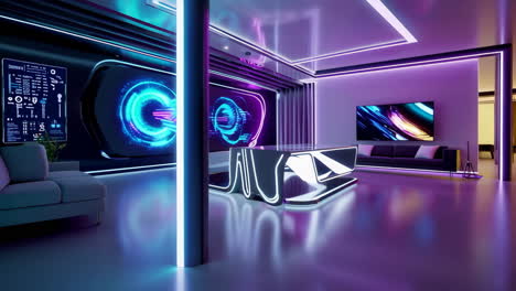 futuristic neon-lit cyberpunk interior with digital displays